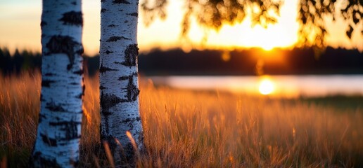 Sunset over lake, birch trees, golden grass. Peaceful nature scene