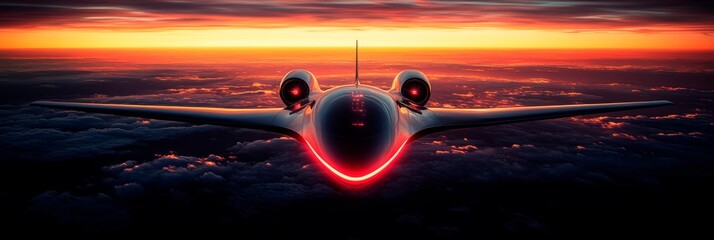 Futuristic plane flying over sunset clouds