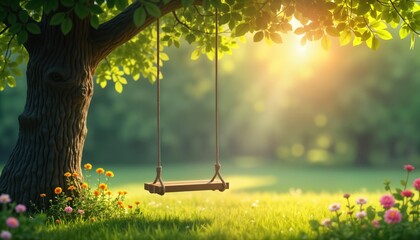 Empty swing hangs from tree in sunny park. Flowers bloom in grass. Natural, peaceful scene. Perfect for spring summer. Relaxation, joy evoked by image. Suitable for child-centered products brands.