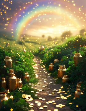 Saint Patricks day product display podium background, Clover Pathway, shamrocks, pathway, pots of gold coins, soft rainbow arching across lush green landscape, subtle golden light accents, ad, podium 