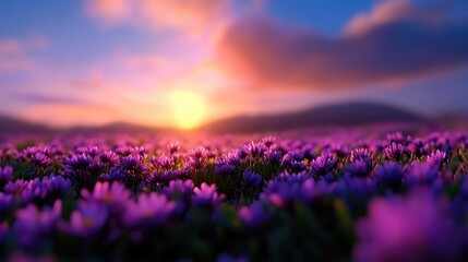 Fototapeta premium Sunset over purple flower field, peaceful landscape, nature scene, ideal for relaxation