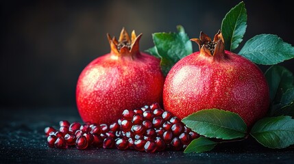 Two ripe pomegranates with seeds and leaves