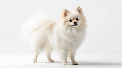 Fototapeta premium A Pomeranian standing on a white background, looking up with its tongue out