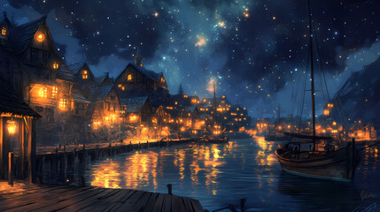 peaceful cinematic nighttime harbor town