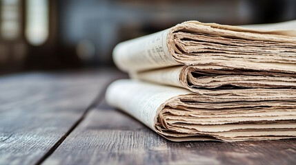 Stacked Newspapers on Wooden Surface Showing Aged Paper