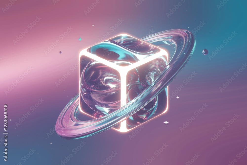 Aufkleber a glowing cube orbits within a vibrant, iridescent ring against a pastel cosmic backdrop.