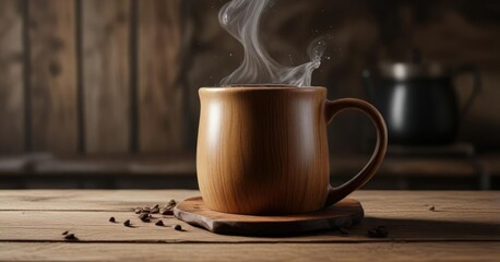 Dark liquid coffee flows over the edge of a wooden mug onto a rustic wooden table, wood grain, beverage accident