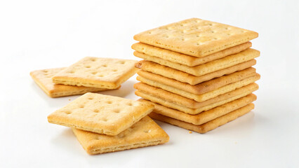 A well-lit photograph of a stack of crackers on a white background
