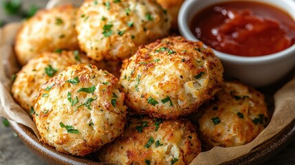Fototapeta premium Golden Brown Potato Bites Served with Sauce