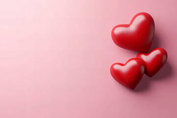 Glossy red hearts arranged on a soft pink background, perfect for Valentine's Day, romantic designs, wedding themes, and love-related celebrations