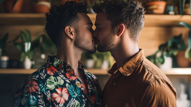 Kiss between two men in a cozy indoor setting surrounded by plants, showcasing love, intimacy, and modern relationships in a warm atmosphere.