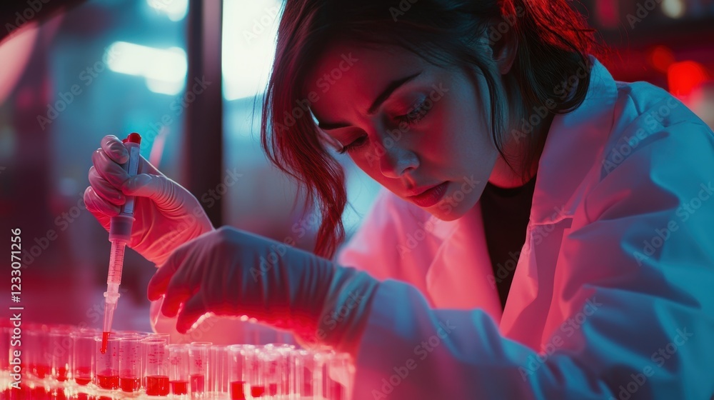 Poster laboratory research with scientist using pipette in neon light environment, analyzing samples in gla