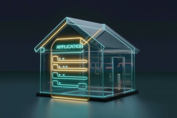 A digital house with a glowing application form inside, symbolizing online home applications.