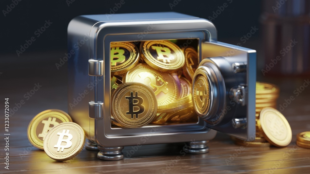 Poster a safe filled with bitcoin cryptocurrency coins, symbolizing secure digital asset storage.