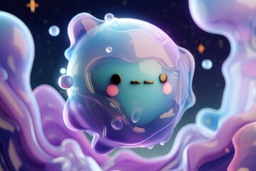 Fototapeta premium A cute, iridescent blob creature floats in a cosmic, fluid landscape.