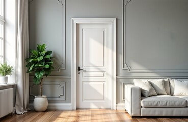 Empty light grey room with white door. Classic style interior. Light wood floor. Large plant in corner. Modern furniture. Empty space. Elegant home design. Open layout. Luxury home style. Interior