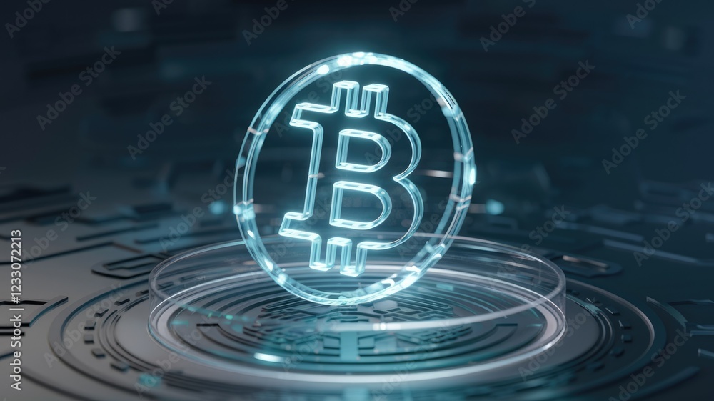 Poster A glowing Bitcoin symbol hovers above a futuristic, circular platform, representing digital currency and blockchain technology.
