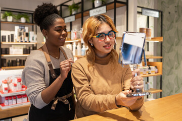 Customer assistance and product testing in cosmetics store