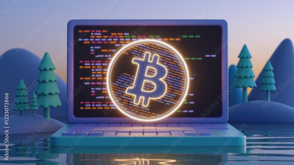 Poster bitcoin code displayed on a laptop screen in a serene landscape.