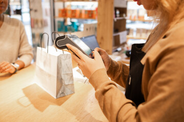 Retail interaction in a cosmetics store showcasing checkout process