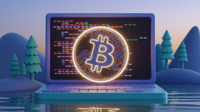 Bitcoin code displayed on a laptop screen in a serene landscape.