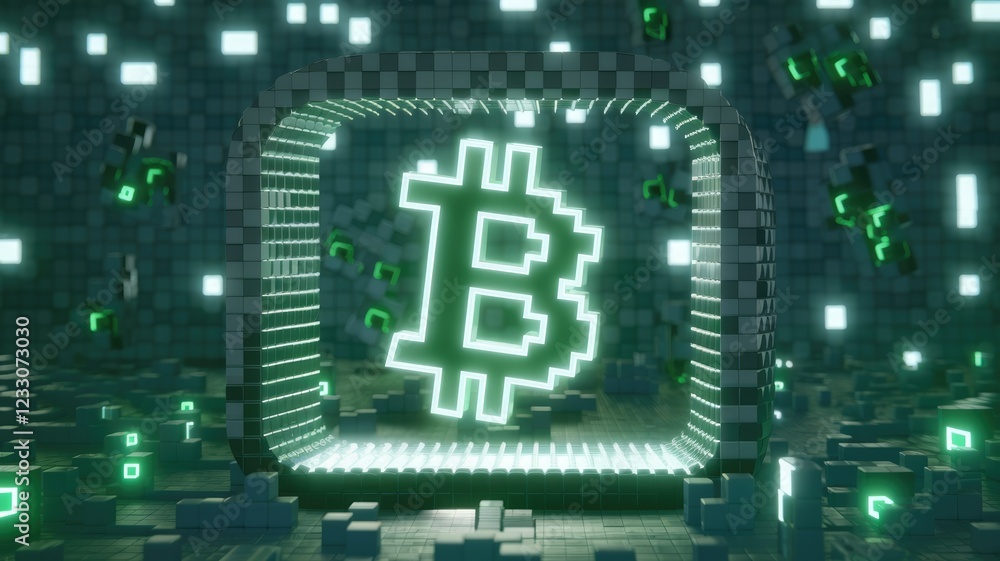 Poster Neon green Bitcoin symbol glows within a futuristic, pixelated cube structure.