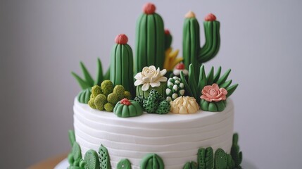 Decorated cake with fondant cacti and succulents.