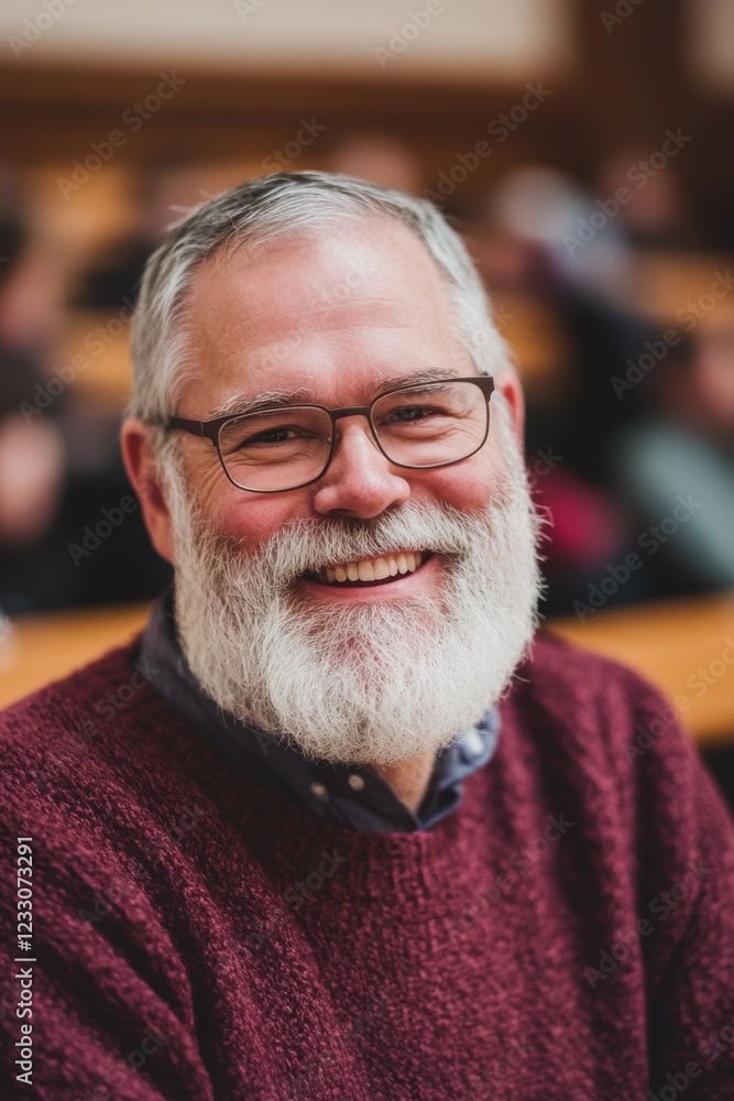 Aufkleber man with a beard smiling in a lecture hall, showcasing joy and engagement in learning. education, pr