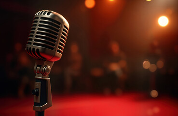 Retro microphone on stage. Nighttime show in a performance venue. Red carpet. Entertainment. Music event. Public performance. Lights. Cabaret. Potential for advertisement.