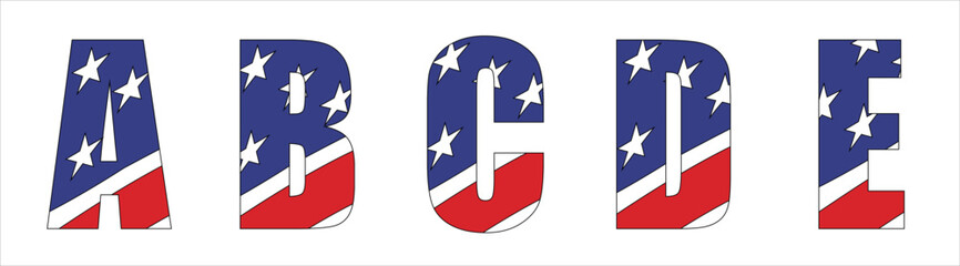 Vector font on background 
of national flag of usa.
A set of letters of english alphabet ABCDE with
american pattern of stars and stripes for
clothing, fabric, textile, paper, inscription on t-shirt.
