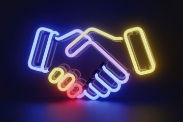 Obraz premium Neon handshake symbol signifying collaboration, partnership, and agreement.