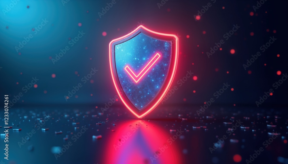 Poster futuristic glowing shield with check mark in blue and red light. abstract tech design on dark blue b
