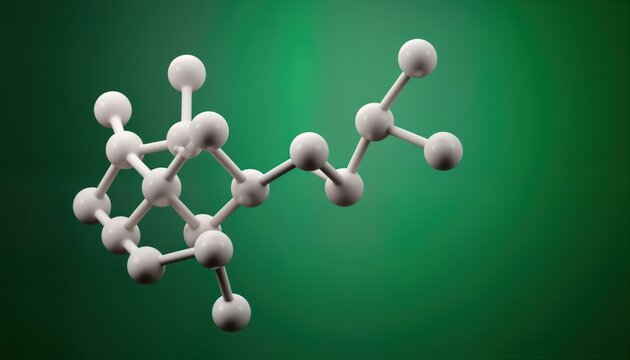 Scientific illustration displays thromboxane B2 skeletal structure. Prostanoid compound molecule. 3D model shows atoms, bonds. Green backdrop. Biochemistry, inflammation, pain, fever research. Useful