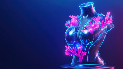 A futuristic mannequin torso seamlessly integrated with glowing bioluminescent coral