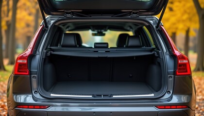 Empty car trunk with modern design. Spacious interior shows practicality. Vehicle appears new, clean. Ideal for car cargo capacity. Modern SUV style. Perfect for travel product. Plenty of room for