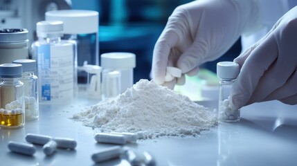 Pharmaceutical research and development in laboratory, with focus on medicine preparation, powder substances, and glass vials for drug formulation and testing.