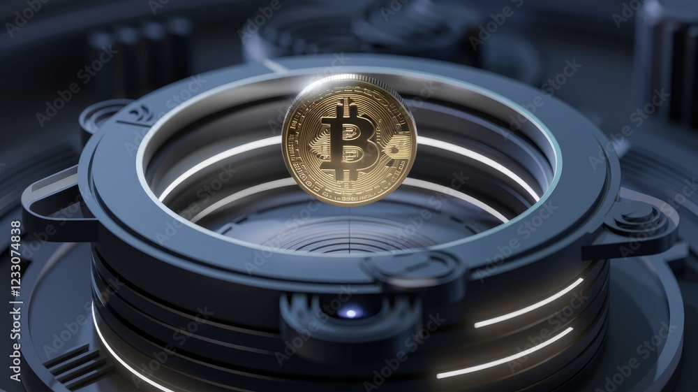 Poster a golden bitcoin floats in a futuristic, circular, technological device, symbolizing digital currenc