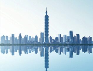 Fototapeta premium skyline of Taipei features iconic tower reflecting in calm waters, showcasing modern architecture and urban beauty