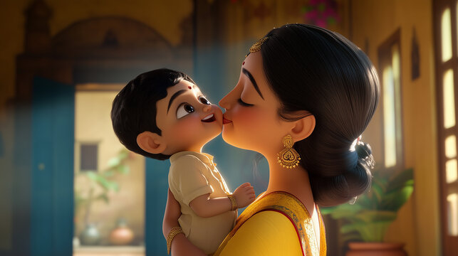 3d character of indian mom kissing her baby
