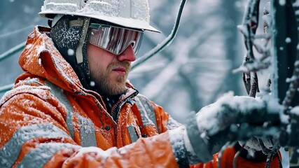 A skilled worker is focused on repairing electrical lines in a snowy environment while dressed in appropriate safety gear. The cold weather highlights the challenges of his job