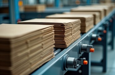 Cardboard sheets stacked on conveyor belt in modern factory. Automated machinery processes cardboard into boxes. Industrial equipment used for box production. Factory environment focused on