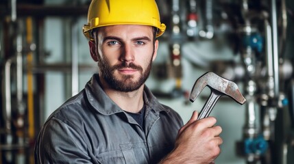 A plumber in a grey uniform and yellow hard hat, holding a pipe wrench, looking directly at the camera