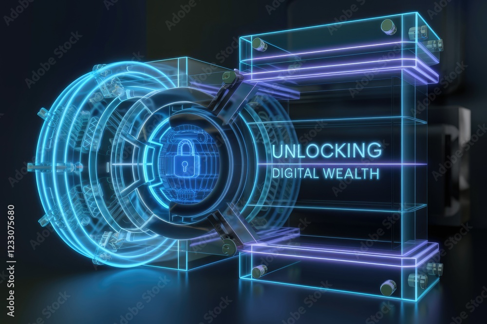 Poster digital wealth security, unlocking financial opportunities through secure technology.