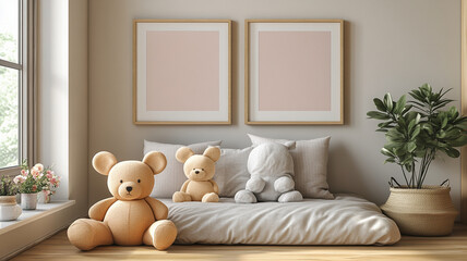 Cozy children room with plush toys, soft bedding, and framed art. warm atmosphere invites play and relaxation