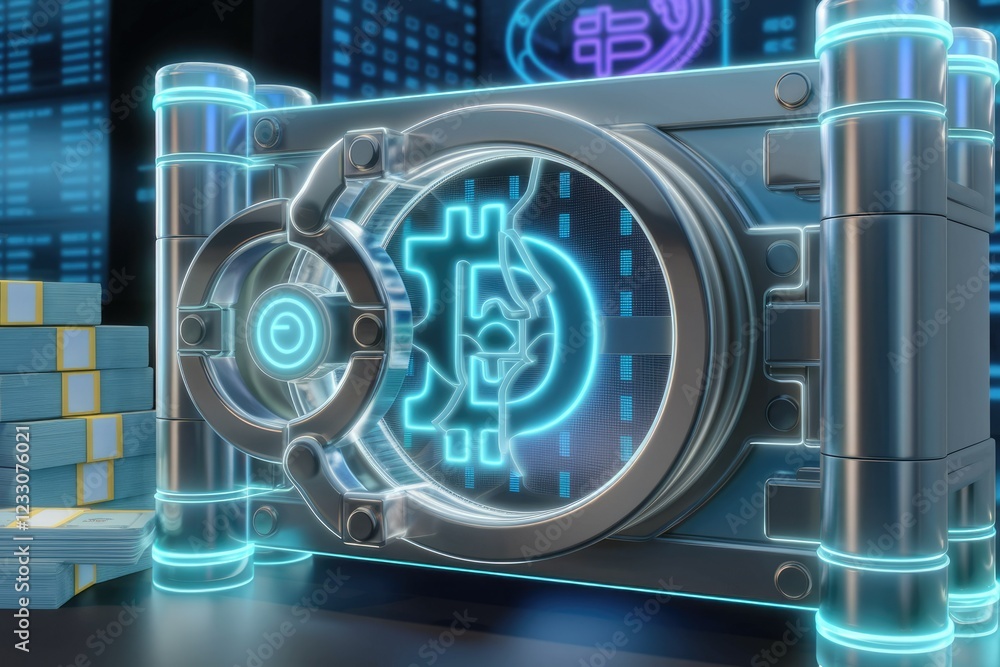 Poster a futuristic safe with a glowing bitcoin symbol, representing secure cryptocurrency storage and digi