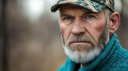 Obraz premium Portrait of an older man with a beard and camo hat, showcasing wisdom and experience, ideal for themes of resilience, nature, or outdoor adventures. Wild and rugged lifestyle.