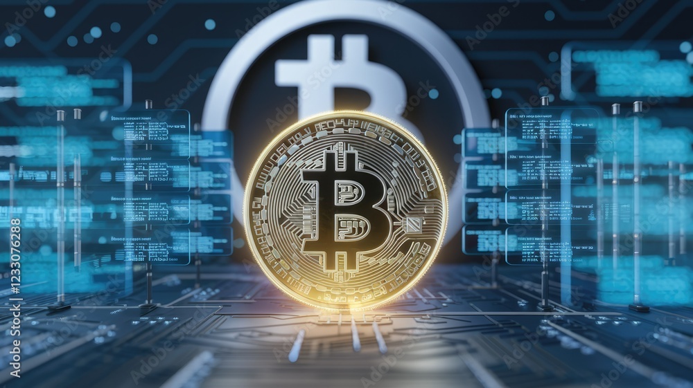 Poster A golden Bitcoin rests on a futuristic circuit board, surrounded by digital code and a Bitcoin symbol, symbolizing cryptocurrency's technological foundation.