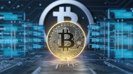 A golden Bitcoin rests on a futuristic circuit board, surrounded by digital code and a Bitcoin symbol, symbolizing cryptocurrency's technological foundation.