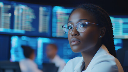 Fototapeta premium Professional Female IT Engineer in Control Room Monitoring Data