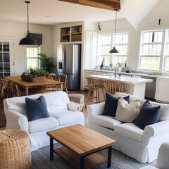 Fototapeta premium bright and airy farmhouse living space featuring cozy seating area with white sofas, wooden coffee table, and dining area with large table. kitchen is modern and well equipped, enhancing inviting